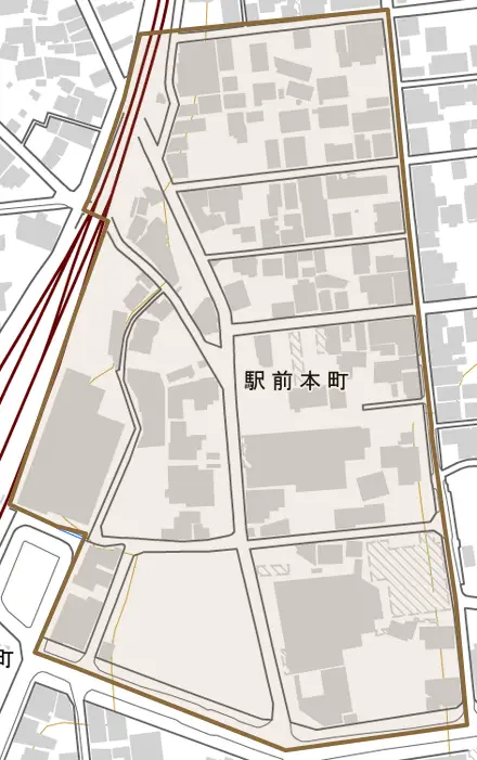 駅前本町とその周辺の地図。町の範囲を重ねている
