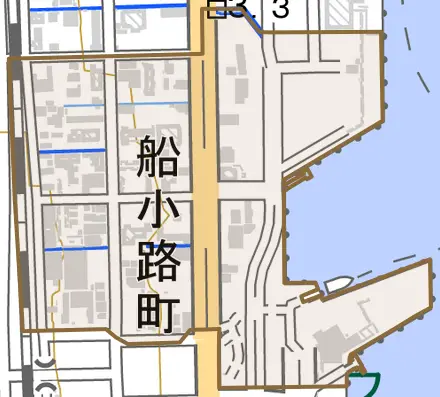 船小路町とその周辺の地図。町の範囲を重ねている