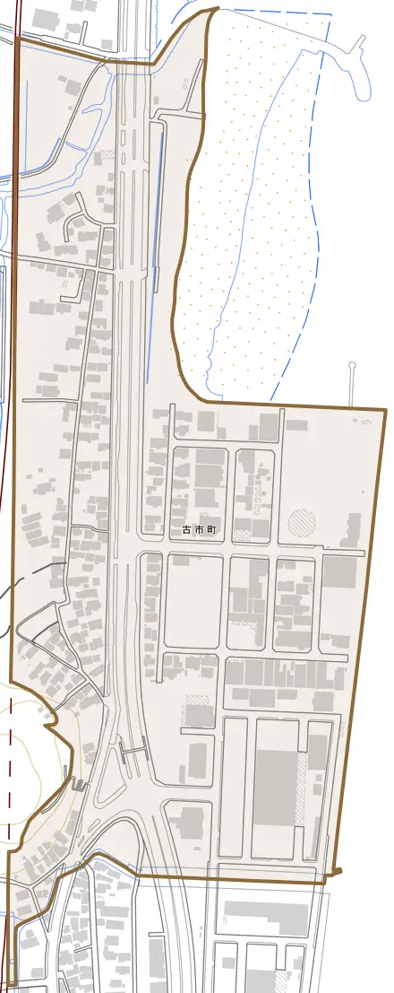 古市町とその周辺の地図。町の範囲を重ねている