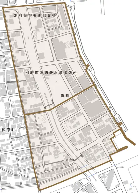 浜町とその周辺の地図。町の範囲を重ねている