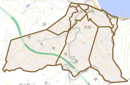 大字浜脇とその周辺の地図。町の範囲を重ねている