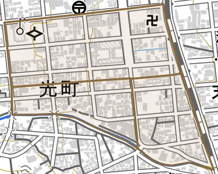 光町とその周辺の地図。町の範囲を重ねている