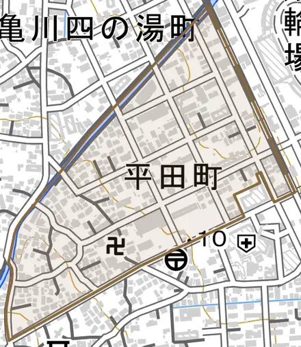 平田町とその周辺の地図。町の範囲を重ねている