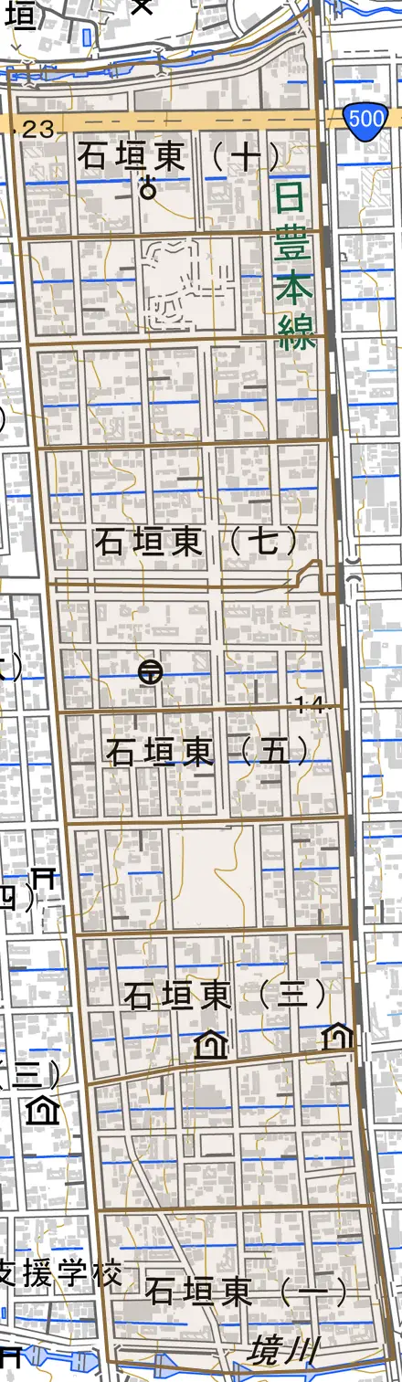 石垣東とその周辺の地図。町の範囲を重ねている