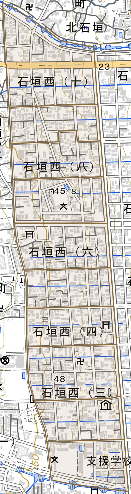 石垣西とその周辺の地図。町の範囲を重ねている
