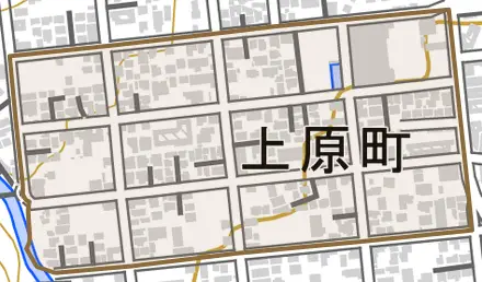 上原町とその周辺の地図。町の範囲を重ねている