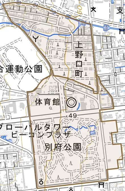 上野口町とその周辺の地図。町の範囲を重ねている