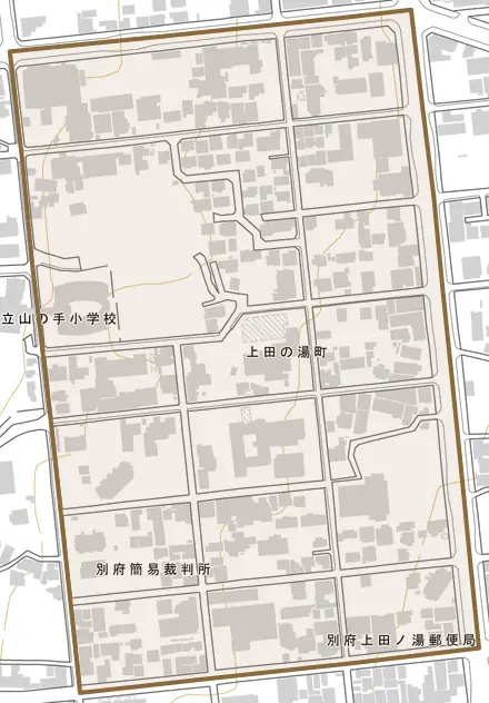 上田の湯町とその周辺の地図。町の範囲を重ねている