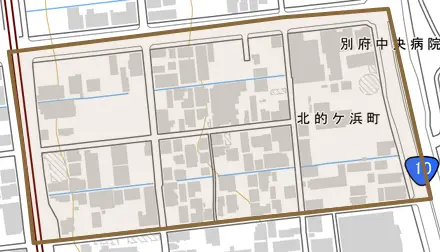 北的ケ浜町とその周辺の地図。町の範囲を重ねている