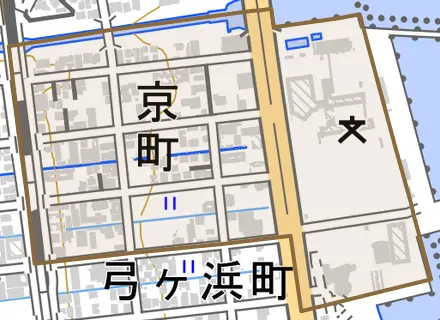 京町とその周辺の地図。町の範囲を重ねている