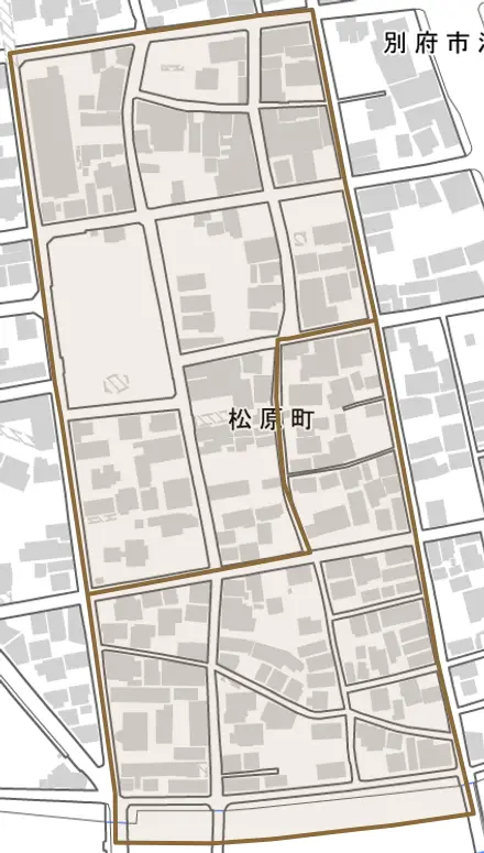 松原町とその周辺の地図。町の範囲を重ねている