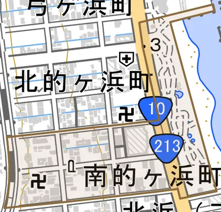 南的ケ浜町とその周辺の地図。町の範囲を重ねている