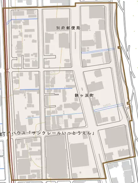 餅ケ浜町とその周辺の地図。町の範囲を重ねている