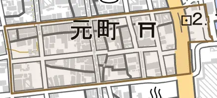 元町とその周辺の地図。町の範囲を重ねている