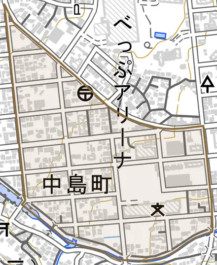 中島町とその周辺の地図。町の範囲を重ねている