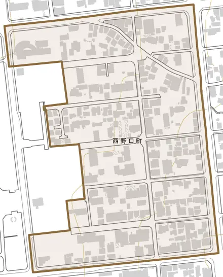 西野口町とその周辺の地図。町の範囲を重ねている
