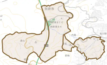 大字野田とその周辺の地図。町の範囲を重ねている