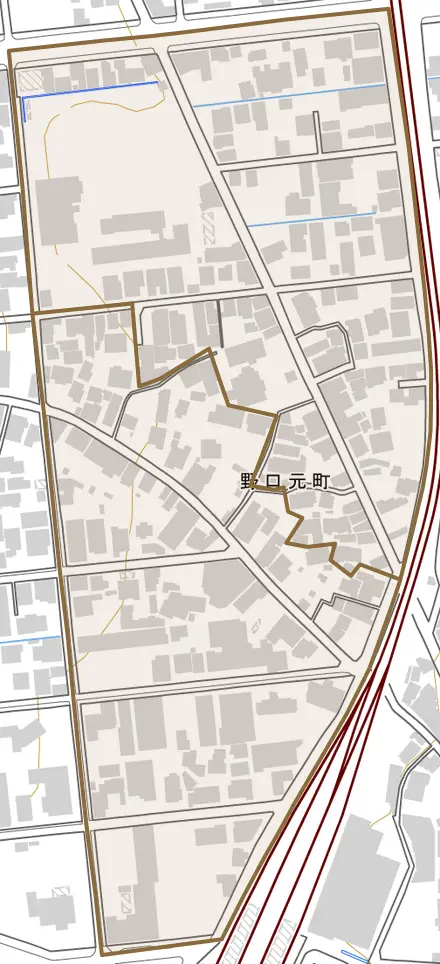 野口元町とその周辺の地図。町の範囲を重ねている