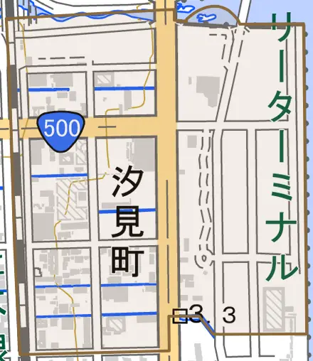 汐見町とその周辺の地図。町の範囲を重ねている
