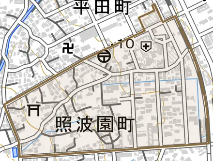 照波園町とその周辺の地図。町の範囲を重ねている