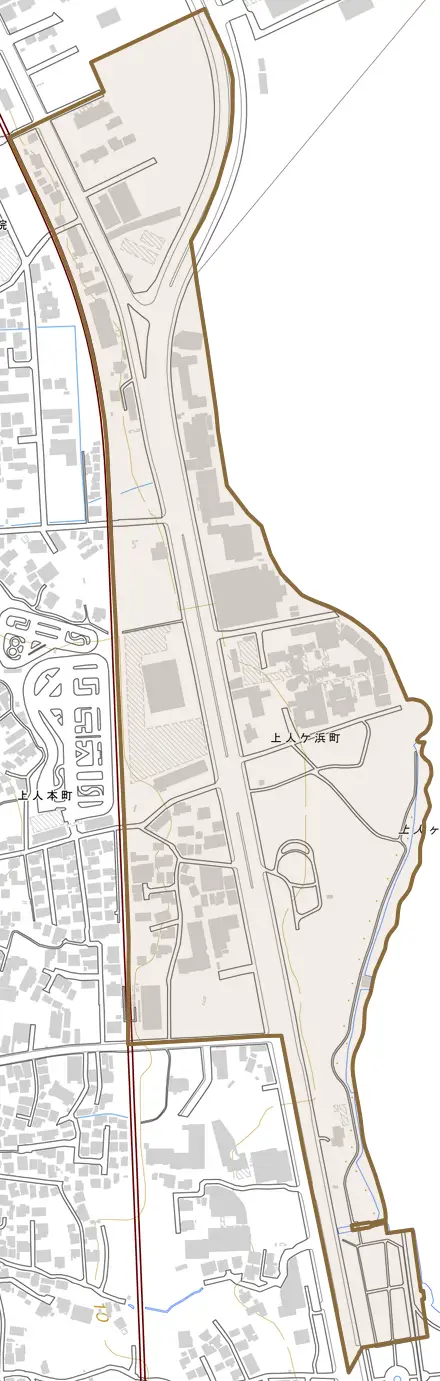 上人ケ浜町とその周辺の地図。町の範囲を重ねている
