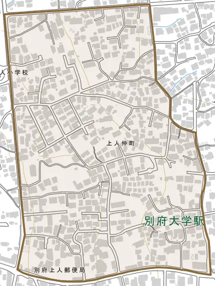 上人仲町とその周辺の地図。町の範囲を重ねている