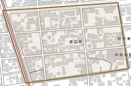 末広町とその周辺の地図。町の範囲を重ねている