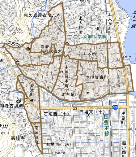 大字北石垣とその周辺の地図。町の範囲を重ねている