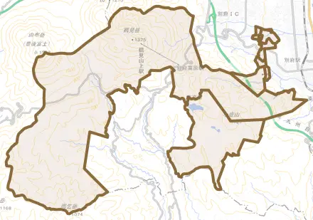 大字別府とその周辺の地図。町の範囲を重ねている
