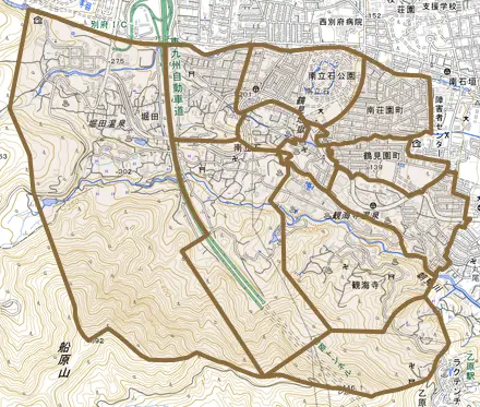 大字南立石とその周辺の地図。町の範囲を重ねている