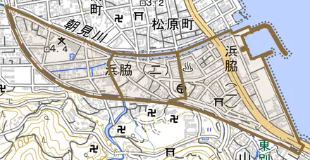 浜脇とその周辺の地図。町の範囲を重ねている
