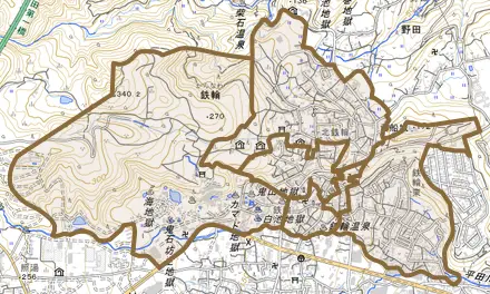 大字鉄輪とその周辺の地図。町の範囲を重ねている