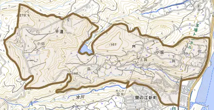 大字平道とその周辺の地図。町の範囲を重ねている