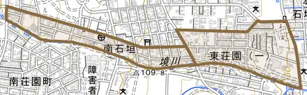 大字南石垣とその周辺の地図。町の範囲を重ねている