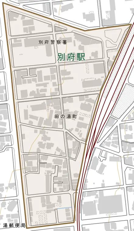 田の湯町とその周辺の地図。町の範囲を重ねている