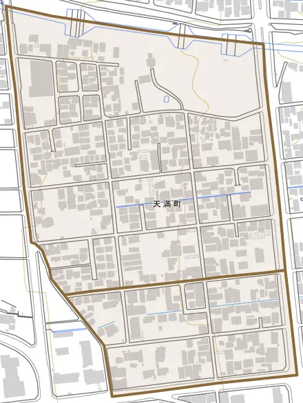 天満町とその周辺の地図。町の範囲を重ねている