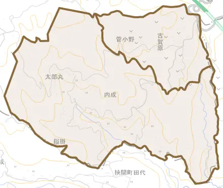 大字内成とその周辺の地図。町の範囲を重ねている