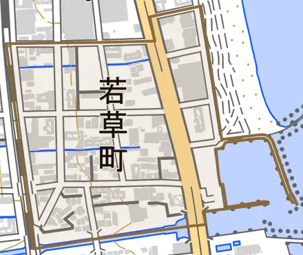 若草町とその周辺の地図。町の範囲を重ねている