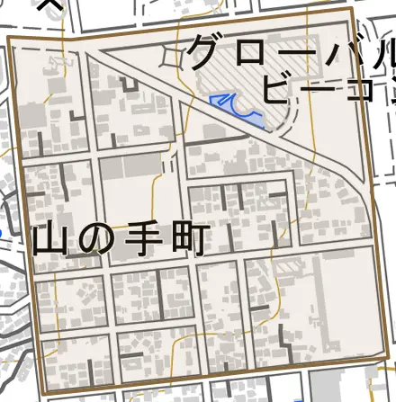 山の手町とその周辺の地図。町の範囲を重ねている