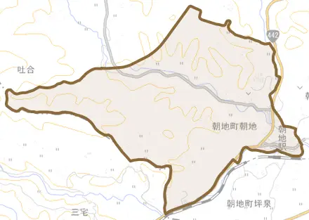 朝地町朝地とその周辺の地図。町の範囲を重ねている