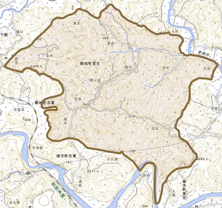 朝地町宮生とその周辺の地図。町の範囲を重ねている
