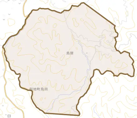 朝地町鳥田とその周辺の地図。町の範囲を重ねている