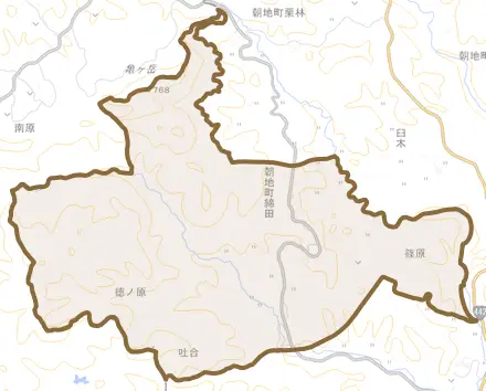 朝地町綿田とその周辺の地図。町の範囲を重ねている