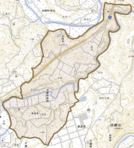 千歳町長峰とその周辺の地図。町の範囲を重ねている