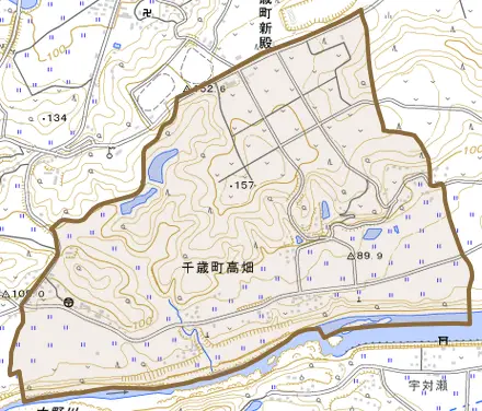 千歳町高畑とその周辺の地図。町の範囲を重ねている
