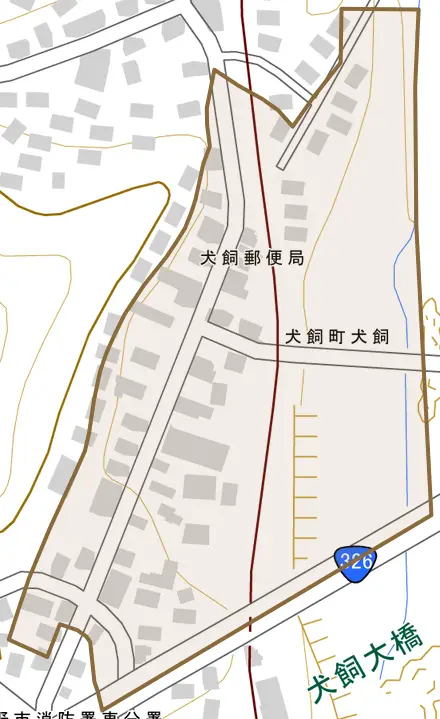 犬飼町犬飼とその周辺の地図。町の範囲を重ねている