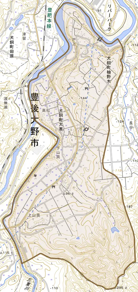 犬飼町大寒とその周辺の地図。町の範囲を重ねている