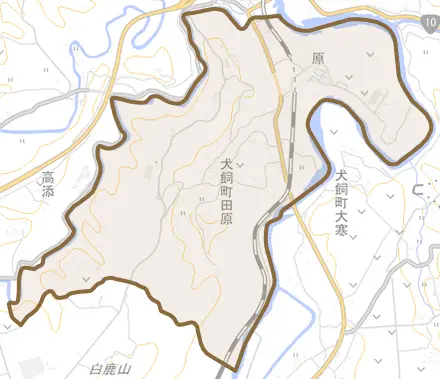 犬飼町田原とその周辺の地図。町の範囲を重ねている