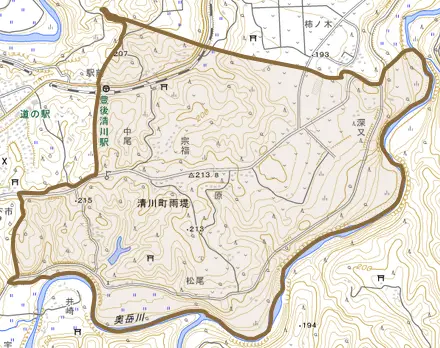 清川町雨堤とその周辺の地図。町の範囲を重ねている