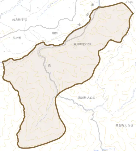 清川町左右知とその周辺の地図。町の範囲を重ねている